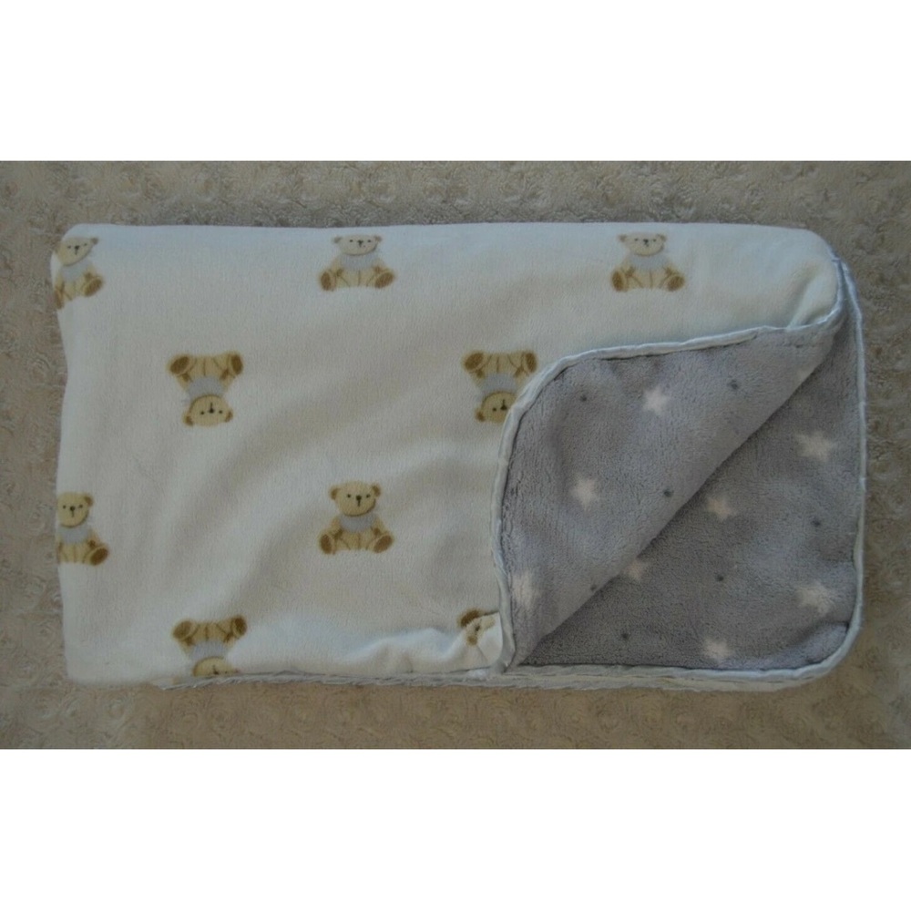 Teddy Bear Baby Blanket Gray White Tan Stars Polka Dots Reversible